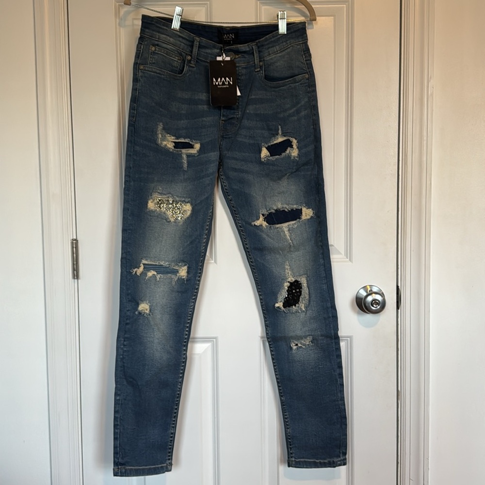 boohooMAN | Skinny Diamante Rip Jean Men’s 32 Regular